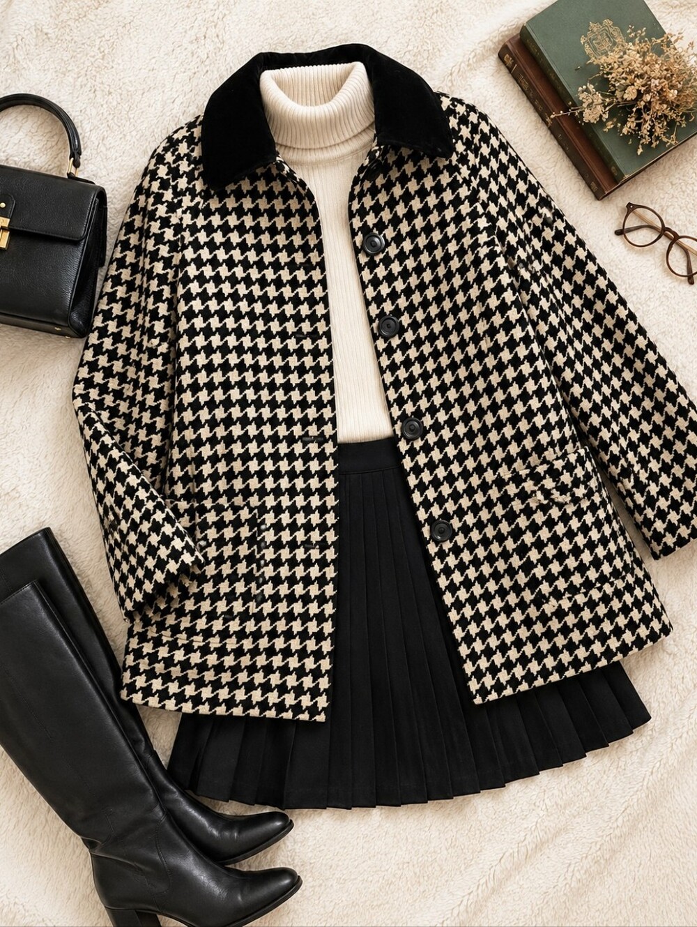 Vintage M&S Pure Wool Houndstooth Coat Velvet Collar Size 12